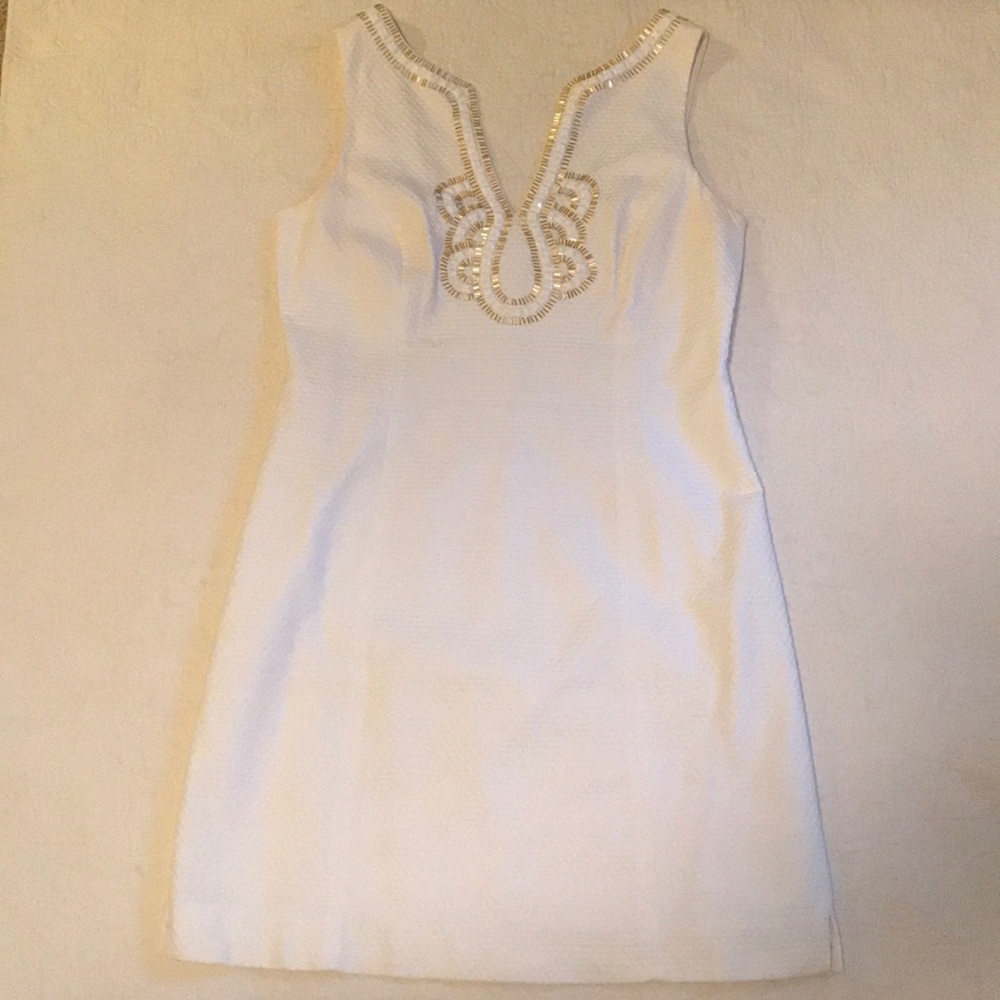 NWOT White Janice Shift Dress with Gold Beading